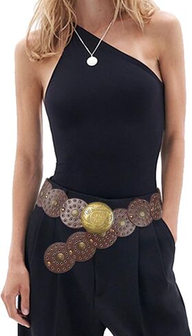 Western Leather Belt for Women Wide Cowboy Hollow Boho Disc Concho Waist Belts for Dress Jeans in Kuwait