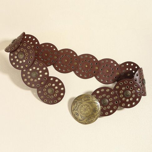 Western Leather Belt for Women Wide Cowboy Hollow Boho Disc Concho Waist Belts for Dress Jeans in Kuwait