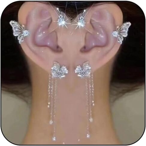 أصفاد الأذن الفراشة الزركونيا المكعبة للنساء ، 1PAIR الفضة الفضية غير المثقبة للشرابة ، أقراط حفلة الأذن ، هدايا مجوهرات الأذن in Saudi Arabia