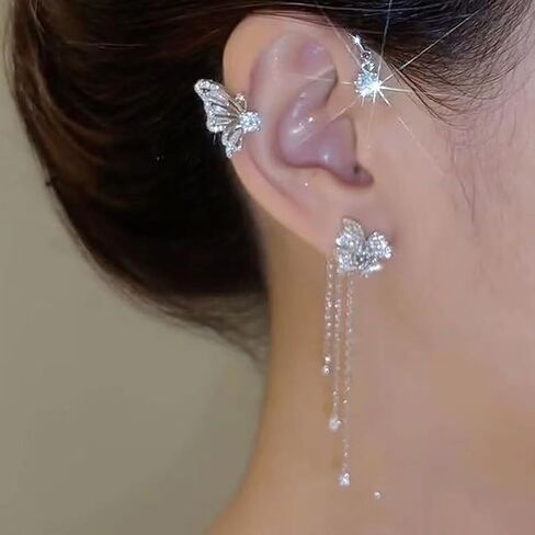 أصفاد الأذن الفراشة الزركونيا المكعبة للنساء ، 1PAIR الفضة الفضية غير المثقبة للشرابة ، أقراط حفلة الأذن ، هدايا مجوهرات الأذن in Saudi Arabia