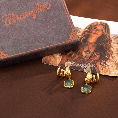 Montana West x Wrangler Square Dangle Drop Earrings for Women Gold Plated Unique Retro Huggie Hoop Lightweight Danity Jewelry with Ear Cuff in Saudi Arabia