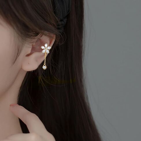 Reffeer Solid 925 Sterling Silver CZ Flower Cuff Earrings for Women Teens Flower Wrap Earrings Droplet Chain Earrings Cartilage Helix Earrings in Kuwait