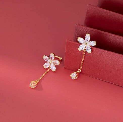 Reffeer Solid 925 Sterling Silver CZ Flower Cuff Earrings for Women Teens Flower Wrap Earrings Droplet Chain Earrings Cartilage Helix Earrings in Kuwait