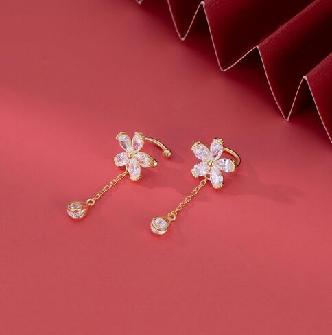 Reffeer Solid 925 Sterling Silver CZ Flower Cuff Earrings for Women Teens Flower Wrap Earrings Droplet Chain Earrings Cartilage Helix Earrings in Kuwait