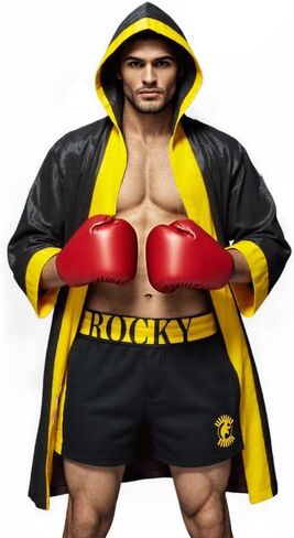 COSMAKER Adult Satin Mens American Flag Boxing Costume Balboa Boxer US Stars and Stripes Hooded Robe with Shorts in Kuwait