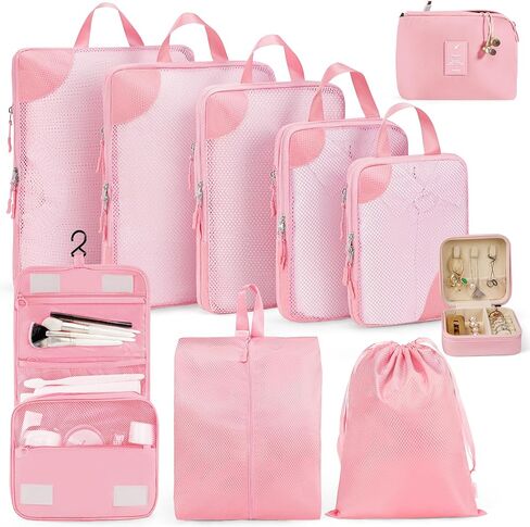 Compression Packing Cubes 8 Set, Suitcase Organizers, Luggage Organizer Bags for Travel, Expandable Packing Cubes for Travel Compression Essentials,Pink in Saudi Arabia