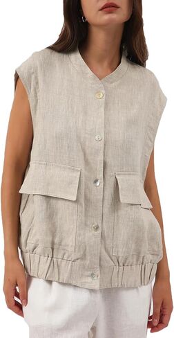 Amazhiyu Women' s Pure Linen Sleeveless Button Up Sleeveless Vest Coat Casual in Kuwait