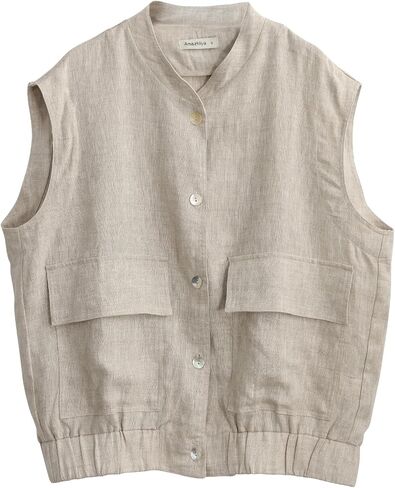 Amazhiyu Women' s Pure Linen Sleeveless Button Up Sleeveless Vest Coat Casual in Kuwait