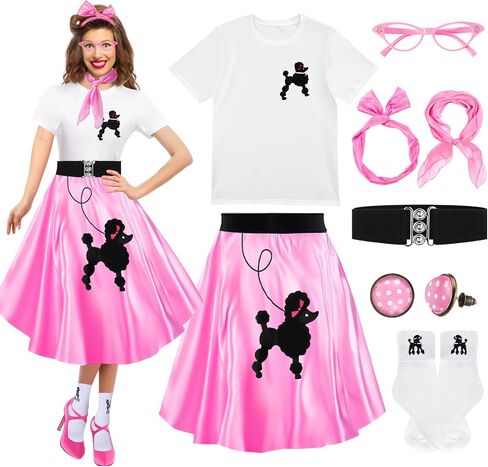 8 Pcs Women 50s Poodle Skirt Outfit 1950s Dress Sock Hop Shirt Grease Costume Halloween Party Accessory in Saudi Arabia