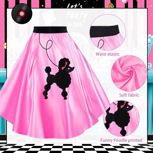 8 Pcs Women 50s Poodle Skirt Outfit 1950s Dress Sock Hop Shirt Grease Costume Halloween Party Accessory in Saudi Arabia