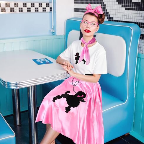 8 Pcs Women 50s Poodle Skirt Outfit 1950s Dress Sock Hop Shirt Grease Costume Halloween Party Accessory in Saudi Arabia