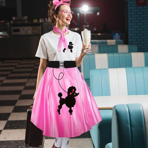 8 Pcs Women 50s Poodle Skirt Outfit 1950s Dress Sock Hop Shirt Grease Costume Halloween Party Accessory in Saudi Arabia