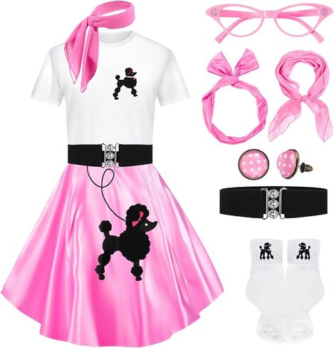 8 Pcs Women 50s Poodle Skirt Outfit 1950s Dress Sock Hop Shirt Grease Costume Halloween Party Accessory in Saudi Arabia