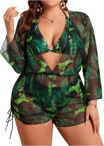 Shenhe Women's Plus Size 3 قطعة مدارية مربعة الرسن المثلث Boho Bikini مجموعات مع التستر in Kuwait