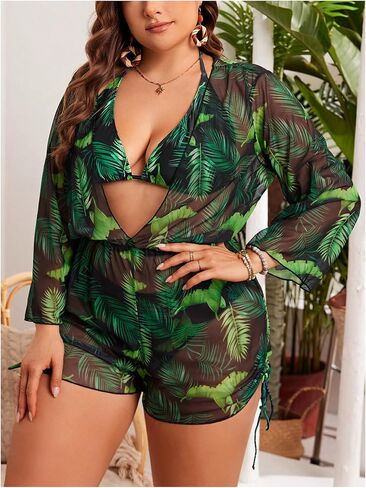 Shenhe Women's Plus Size 3 قطعة مدارية مربعة الرسن المثلث Boho Bikini مجموعات مع التستر in Kuwait