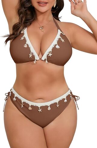 B2prity Plus Size Bikini Sets for Women Halter Triangle Two Piece Swimsuit V Neck Tie Back Bathing Suit Shell Swimwear in Saudi Arabia