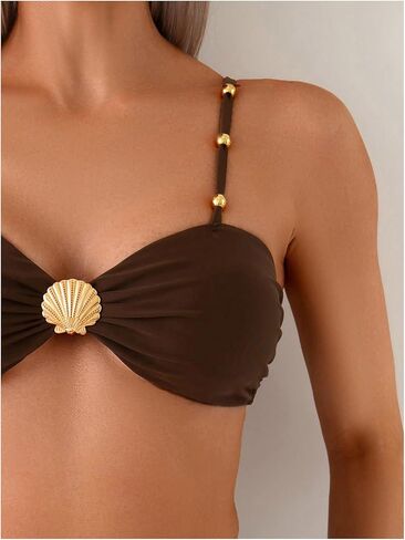 Women's 2 Piece Bikini Set Metal Shell Beaded Ruched Swimsuit High Waisted Bathing Suit in Kuwait