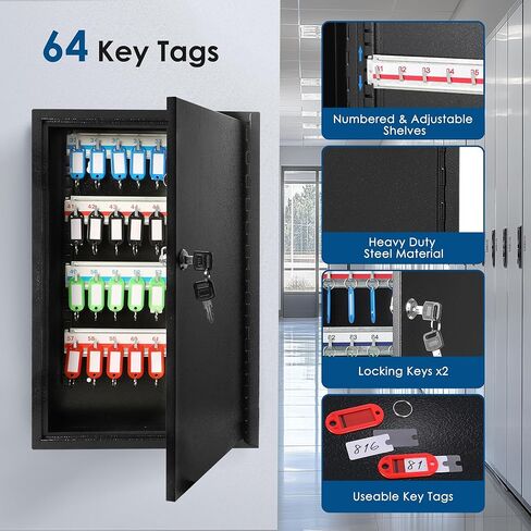 ORIENTOOLS Key Box Steel Key Safe Cabinet, Wall Mount Key Holder Lock Box with Key Tags, Key Organizer Ideal for Home, Hotels, Valets and Office Key Storage (64 Keys, White) in Kuwait