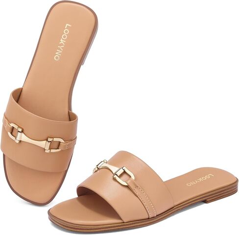 Womens Flat Sandals Dressy Square Open Toe Summer Slides Sandals Slip on Comfortable Leather Sandals for Women in Kuwait