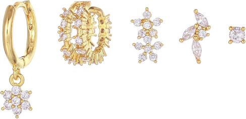 18K Real Gold Plated 925 Sterling Silver Huggie Hoop Dangle Chain Link Stud Ear Cuff Earrings Set for Women, Fashion Hypoallergenic Gold Earrings with Cubic Zirconia, Timeless Gift for Women in Saudi Arabia
