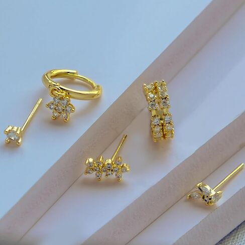 18K Real Gold Plated 925 Sterling Silver Huggie Hoop Dangle Chain Link Stud Ear Cuff Earrings Set for Women, Fashion Hypoallergenic Gold Earrings with Cubic Zirconia, Timeless Gift for Women in Saudi Arabia