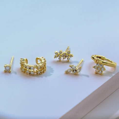 18K Real Gold Plated 925 Sterling Silver Huggie Hoop Dangle Chain Link Stud Ear Cuff Earrings Set for Women, Fashion Hypoallergenic Gold Earrings with Cubic Zirconia, Timeless Gift for Women in Saudi Arabia
