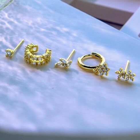 18K Real Gold Plated 925 Sterling Silver Huggie Hoop Dangle Chain Link Stud Ear Cuff Earrings Set for Women, Fashion Hypoallergenic Gold Earrings with Cubic Zirconia, Timeless Gift for Women in Saudi Arabia