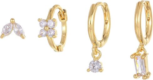 18K Real Gold Plated 925 Sterling Silver Huggie Hoop Dangle Chain Link Stud Ear Cuff Earrings Set for Women, Fashion Hypoallergenic Gold Earrings with Cubic Zirconia, Timeless Gift for Women in Saudi Arabia