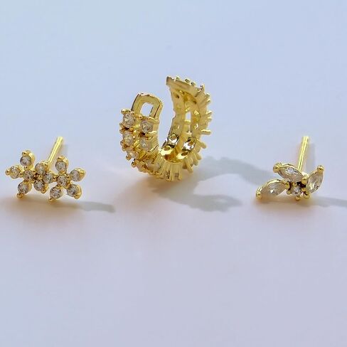 18K Real Gold Plated 925 Sterling Silver Huggie Hoop Dangle Chain Link Stud Ear Cuff Earrings Set for Women, Fashion Hypoallergenic Gold Earrings with Cubic Zirconia, Timeless Gift for Women in Saudi Arabia