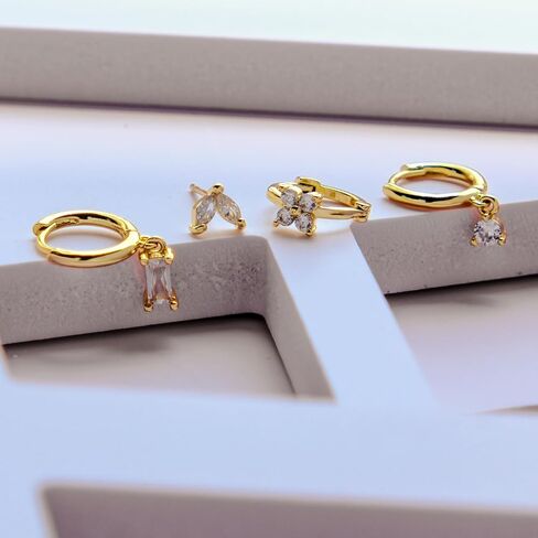 18K Real Gold Plated 925 Sterling Silver Huggie Hoop Dangle Chain Link Stud Ear Cuff Earrings Set for Women, Fashion Hypoallergenic Gold Earrings with Cubic Zirconia, Timeless Gift for Women in Saudi Arabia