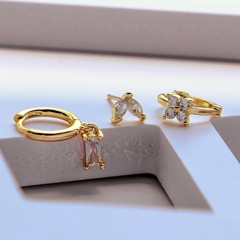 18K Real Gold Plated 925 Sterling Silver Huggie Hoop Dangle Chain Link Stud Ear Cuff Earrings Set for Women, Fashion Hypoallergenic Gold Earrings with Cubic Zirconia, Timeless Gift for Women in Saudi Arabia