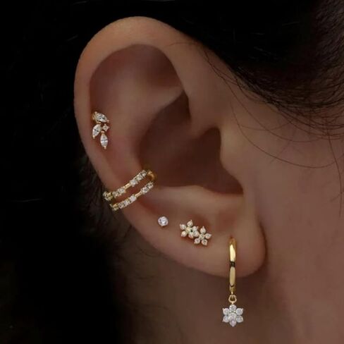 18K Real Gold Plated 925 Sterling Silver Huggie Hoop Dangle Chain Link Stud Ear Cuff Earrings Set for Women, Fashion Hypoallergenic Gold Earrings with Cubic Zirconia, Timeless Gift for Women in Saudi Arabia