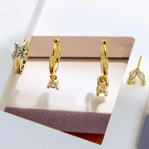 18K Real Gold Plated 925 Sterling Silver Huggie Hoop Dangle Chain Link Stud Ear Cuff Earrings Set for Women, Fashion Hypoallergenic Gold Earrings with Cubic Zirconia, Timeless Gift for Women in Saudi Arabia