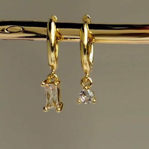 18K Real Gold Plated 925 Sterling Silver Huggie Hoop Dangle Chain Link Stud Ear Cuff Earrings Set for Women, Fashion Hypoallergenic Gold Earrings with Cubic Zirconia, Timeless Gift for Women in Saudi Arabia