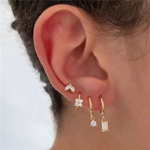 18K Real Gold Plated 925 Sterling Silver Huggie Hoop Dangle Chain Link Stud Ear Cuff Earrings Set for Women, Fashion Hypoallergenic Gold Earrings with Cubic Zirconia, Timeless Gift for Women in Saudi Arabia