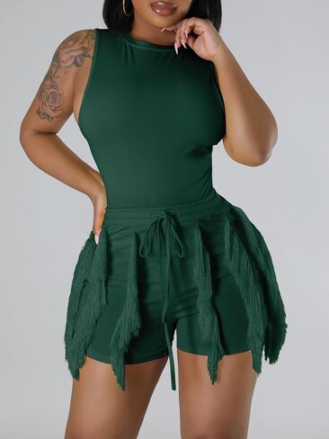 Two Piece Outfits for Women Casual Solid Sleeveless One Piece Tank Tops Fringe Pants Drawstring Shorts Jumpsuits in Saudi Arabia