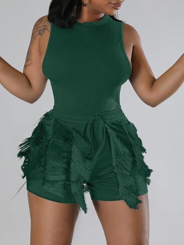 Two Piece Outfits for Women Casual Solid Sleeveless One Piece Tank Tops Fringe Pants Drawstring Shorts Jumpsuits in Saudi Arabia