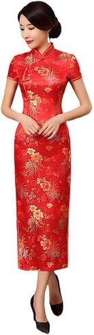 Women's Brocade Chinese Cheongsam Short Sleeve Mid Calf Qipao Dress in Saudi Arabia