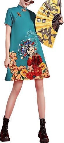 Women's Vintage Chinese Cheongsam Print Dress Short Sleeve Retro Side Slit Mini Loose Dress in Saudi Arabia