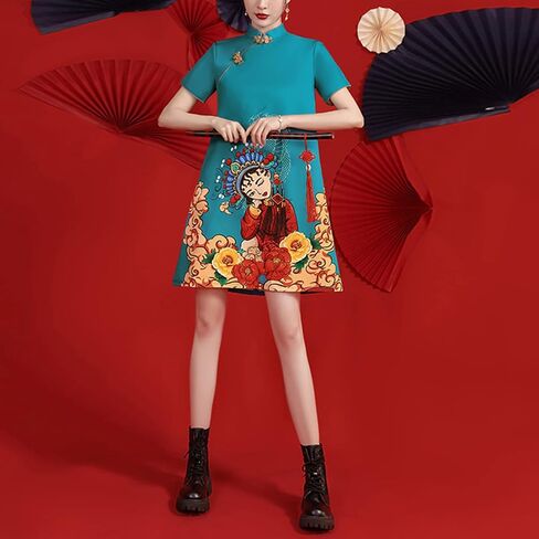Women's Vintage Chinese Cheongsam Print Dress Short Sleeve Retro Side Slit Mini Loose Dress in Saudi Arabia