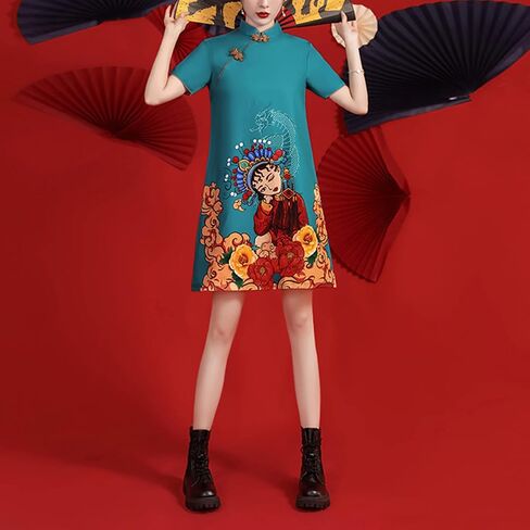 Women's Vintage Chinese Cheongsam Print Dress Short Sleeve Retro Side Slit Mini Loose Dress in Saudi Arabia