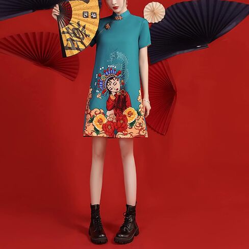 Women's Vintage Chinese Cheongsam Print Dress Short Sleeve Retro Side Slit Mini Loose Dress in Saudi Arabia