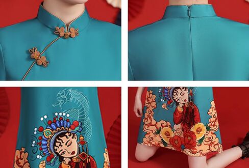 Women's Vintage Chinese Cheongsam Print Dress Short Sleeve Retro Side Slit Mini Loose Dress in Saudi Arabia