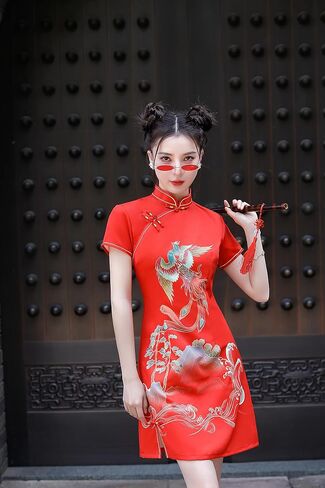 Women's Vintage Chinese Cheongsam Print Dress Short Sleeve Retro Side Slit Mini Loose Dress in Saudi Arabia