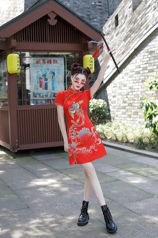 Women's Vintage Chinese Cheongsam Print Dress Short Sleeve Retro Side Slit Mini Loose Dress in Saudi Arabia