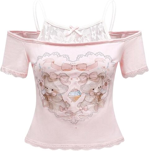 SOLY HUX Women's Y2K Coquette Aesthetic Crop Tops Summer Kawaii Clothes Cute Lace Bow Cold Shoulder Graphic Tees in Kuwait