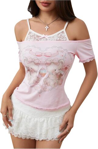 SOLY HUX Women's Y2K Coquette Aesthetic Crop Tops Summer Kawaii Clothes Cute Lace Bow Cold Shoulder Graphic Tees in Kuwait