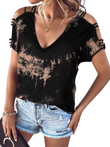 Remidoo Women's Ladder Cut Out Tirt Tops Shirt Sleeve V Neck Tee Top Blouses in Saudi Arabia