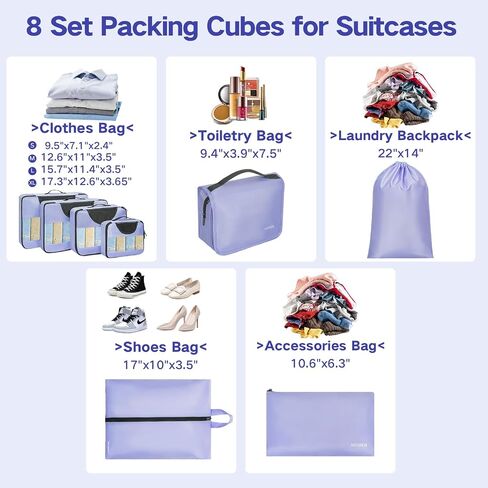 Compression Packing Cubes for Travel, 8 Set Packing Cubes for Suitcases, Breathable Mesh Travel Bags Organizer for Luggage Lightweight Vacation Essentials Accessories (Purple) in Saudi Arabia