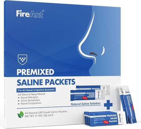 عبوات ملحية FireAnt لشطف الجيوب الأنفية، 80 عبوة ملح Neti Pot مختلطة مسبقًا لشطف الأنف، طبيعية بالكامل، درجة صيدلانية، ودرجة الحموضة متوازنة - 80 قطعة in Kuwait